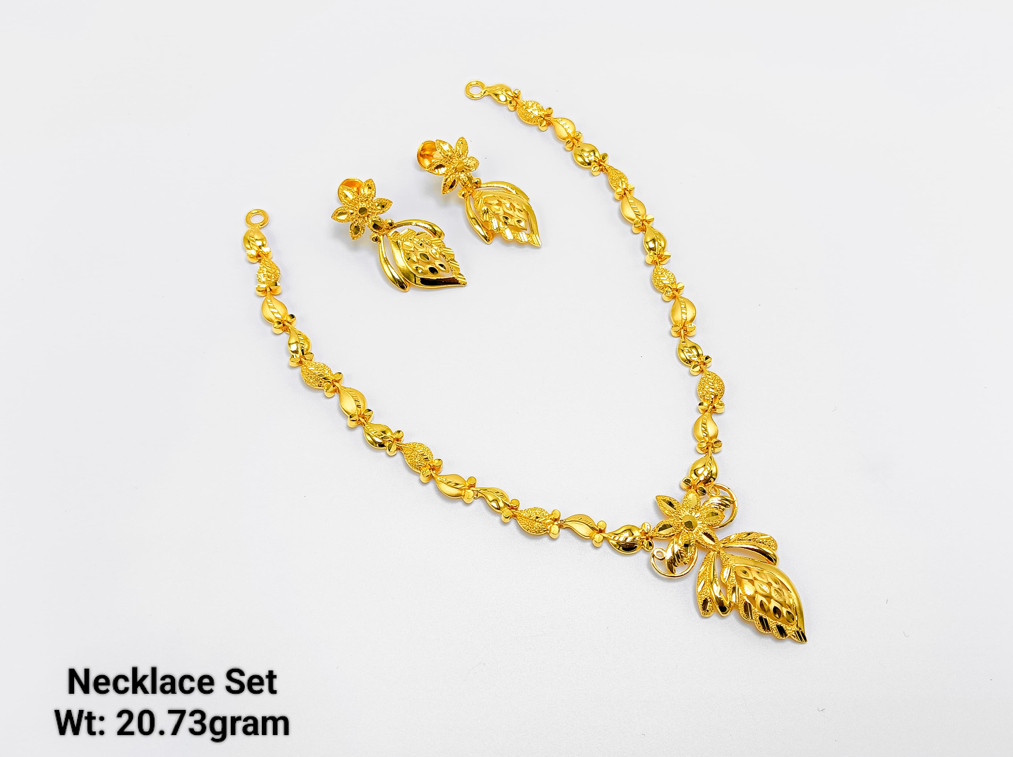 22K Gold Floral Leaf Drop Designer Necklace Set – 20.73 Grams