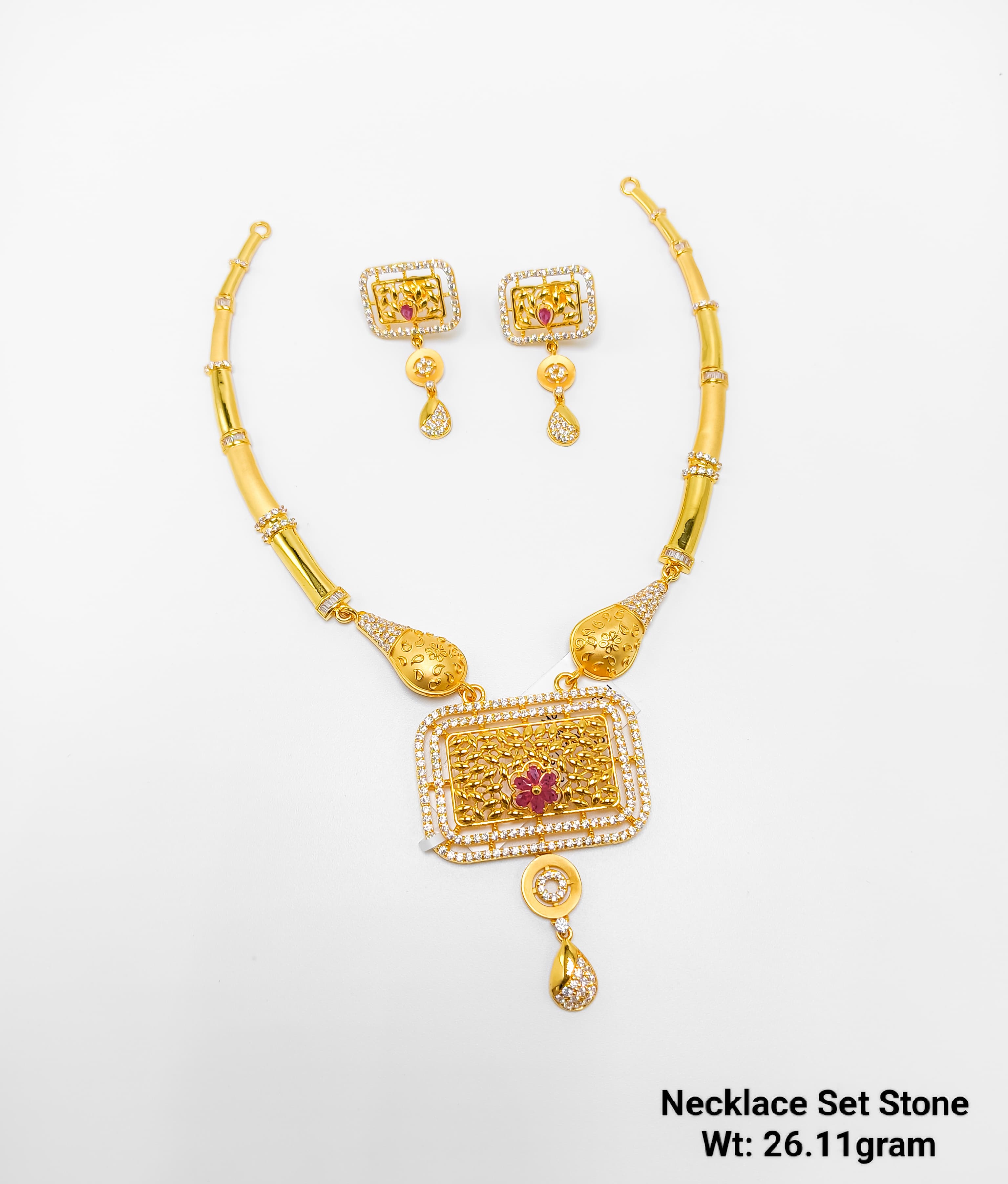 22K Gold Rectangle Pendant Stone Designer Necklace Set – 26.11 Grams